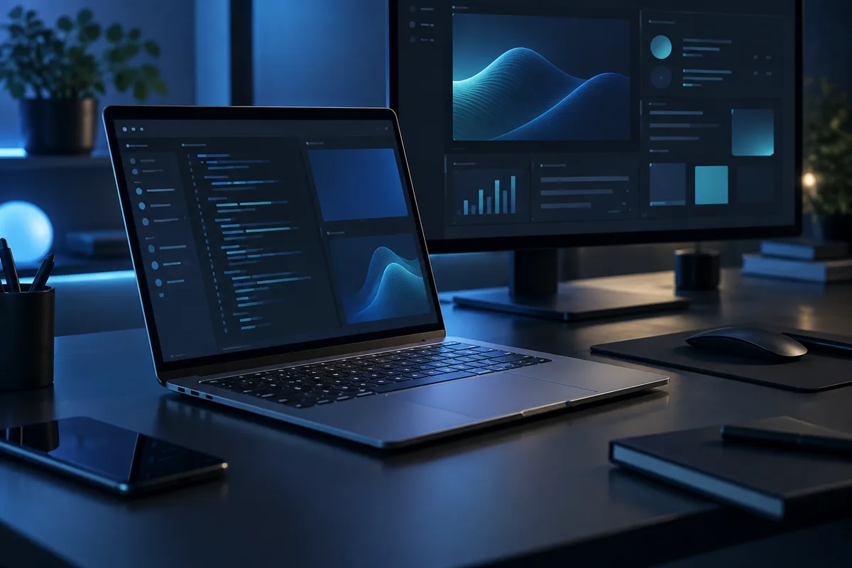 Ambiente de criação digital com notebook e monitor, ilustração de tecnologia